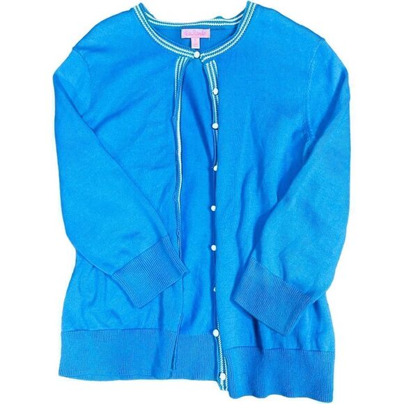 LILLY PULITZER Blue White 100 Cotton Cardigan Sweater Size L - Picture 1 of 1